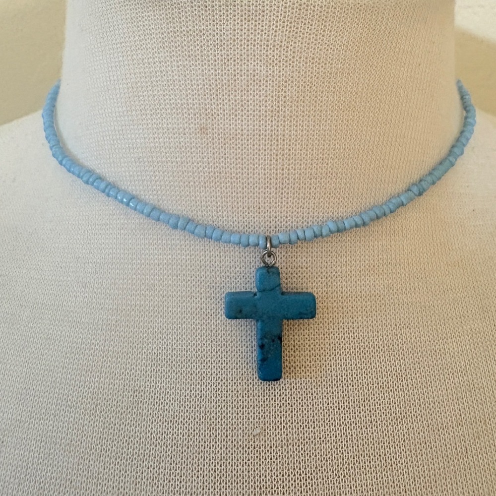 Blue Seed Bead Choker Necklace Turquoise Stone Cross Pendant Adjustable